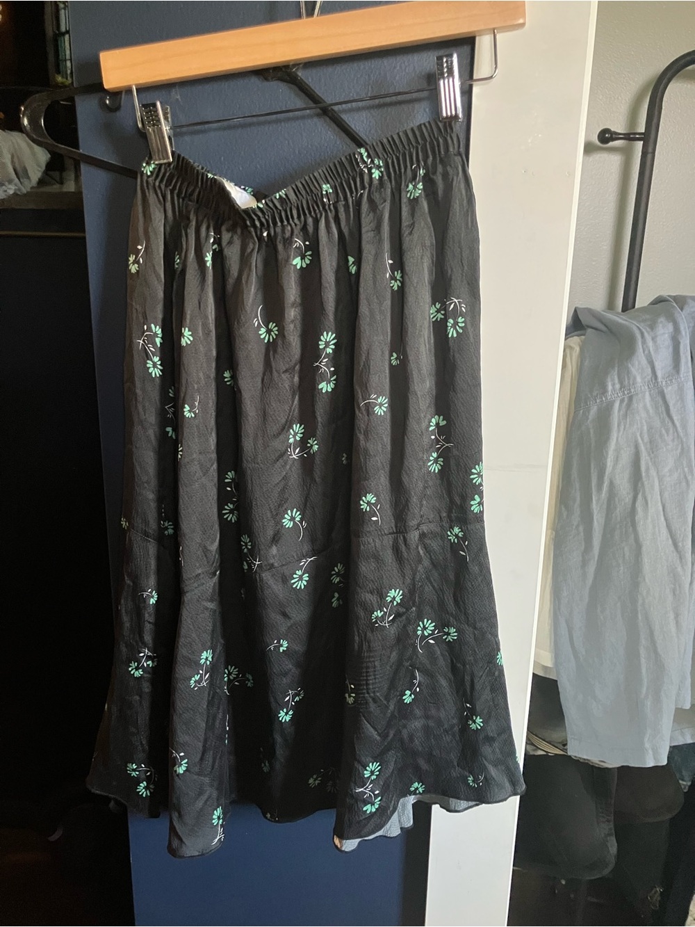 Black Floral Silk Midi Skirt with Green Print
